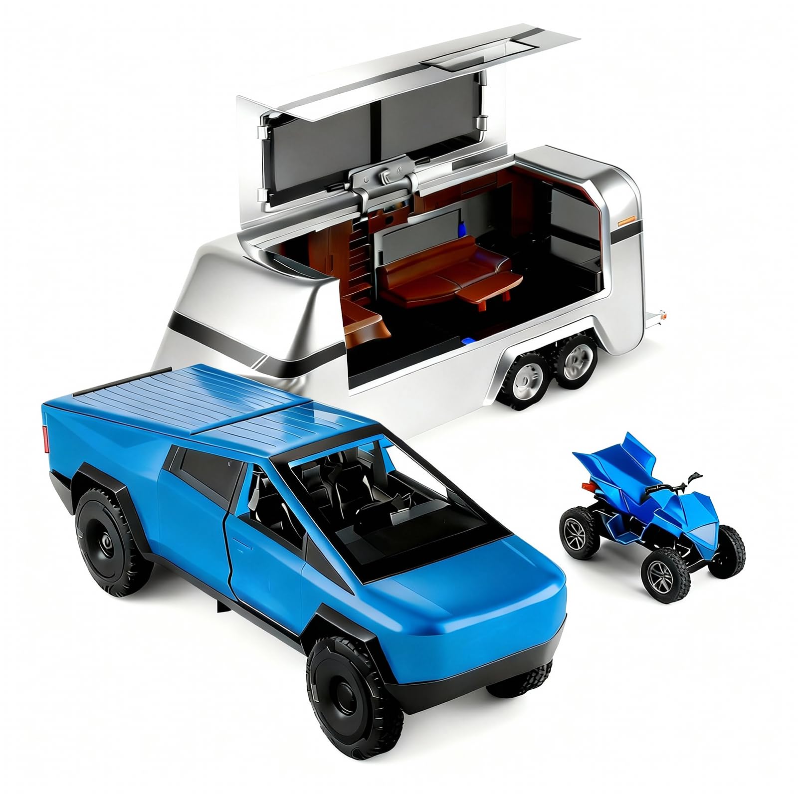 Suvabe 1/32 Pickup Truck Toy car 3-in-1 Travel RV Set with Metal Pickup, Removable Camper & Off-Road Motorcycle Cool Sound & Light Effects,Christmas