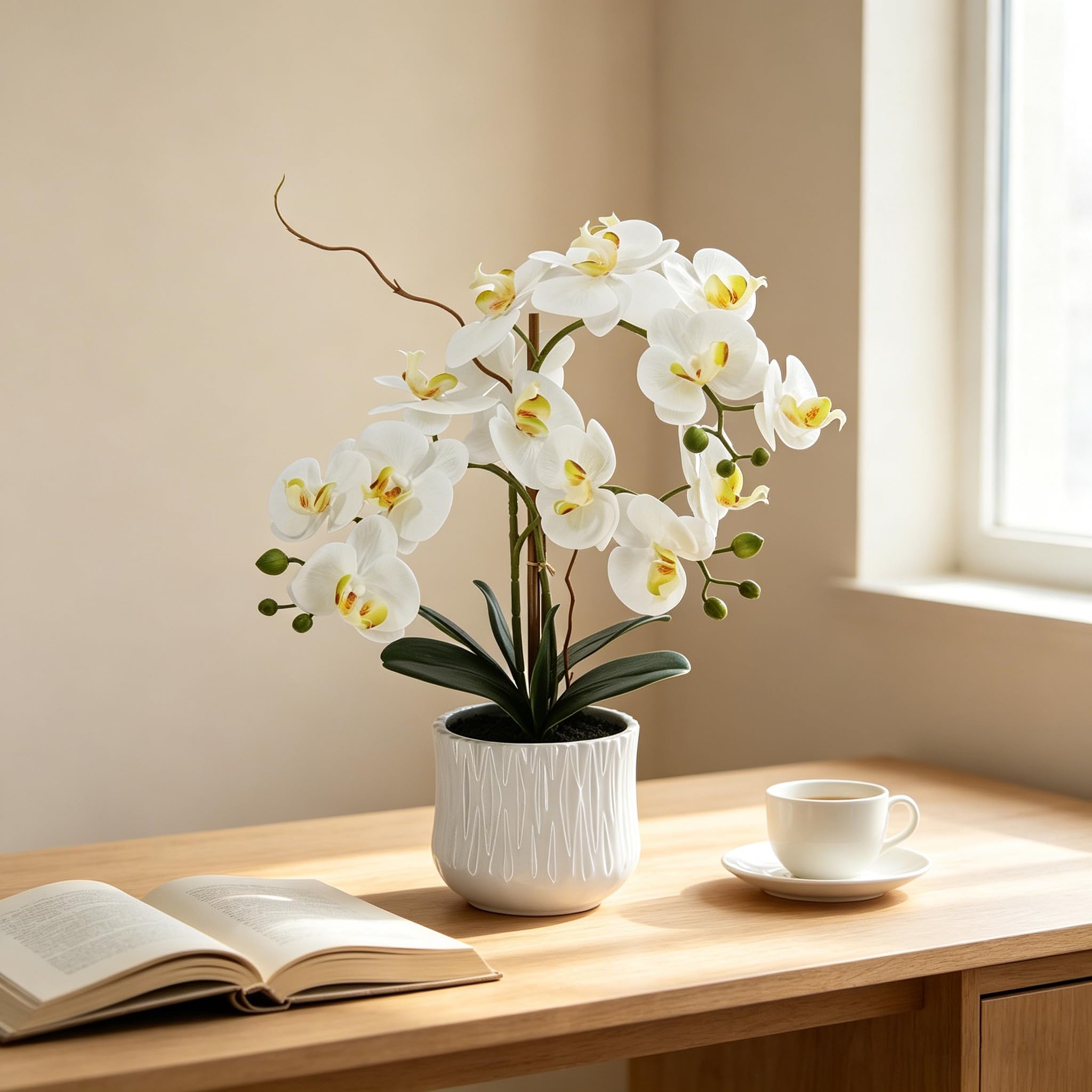 21" 53cm künstliche Orchideenblüten fühlen sich echt an, gefälschte Orchideen-Phalaenopsis-Pflanze im Keramiktopf Kunstorchideen-Seidenblumenarrangement für Heimbüro-Tisch-Badezimmer, doppelte Stiele