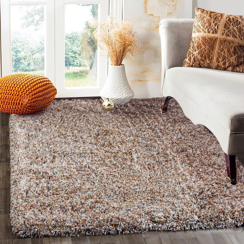Image of FIASCO Round Shaggy Carpet Plain Fur Rugs Home and Office Sqaure Microfiber 2 Inch Pile Height Back in Canvas Modern Interior Mats 5X5 Feet Orange Ivory Mix