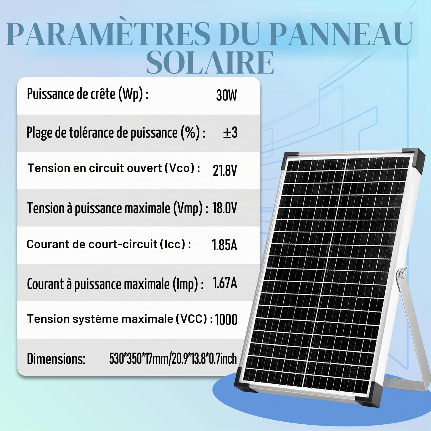 Kit de panneau solaire 30 W, mainteneur de batterie solaire 12 V + contrôleur de charge PWM 10 A + câbles d'extension et support de montage réglable