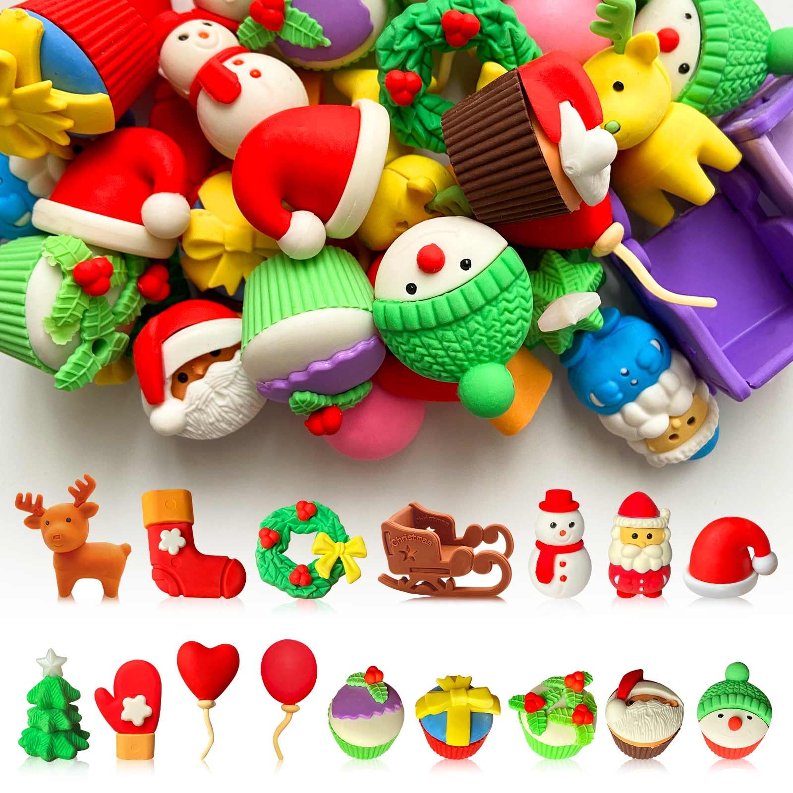 Kaemi 32 Pcs Christmas Desk Pets for Kids Classroom Prizes Fun 3D Puzzle Animal Food Snowman Holiday Erasers for Party Favors Treasure Box Goodie Bag Stuffers