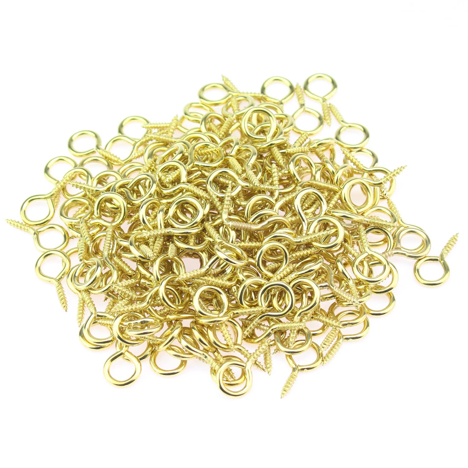 HELIFOUNER 200 Pieces 0# Screw Eyes, Screw in Eye Hooks, Metal Screw Eye Pins Hooks, Brass Plated Steel Screw Eyes, Gold