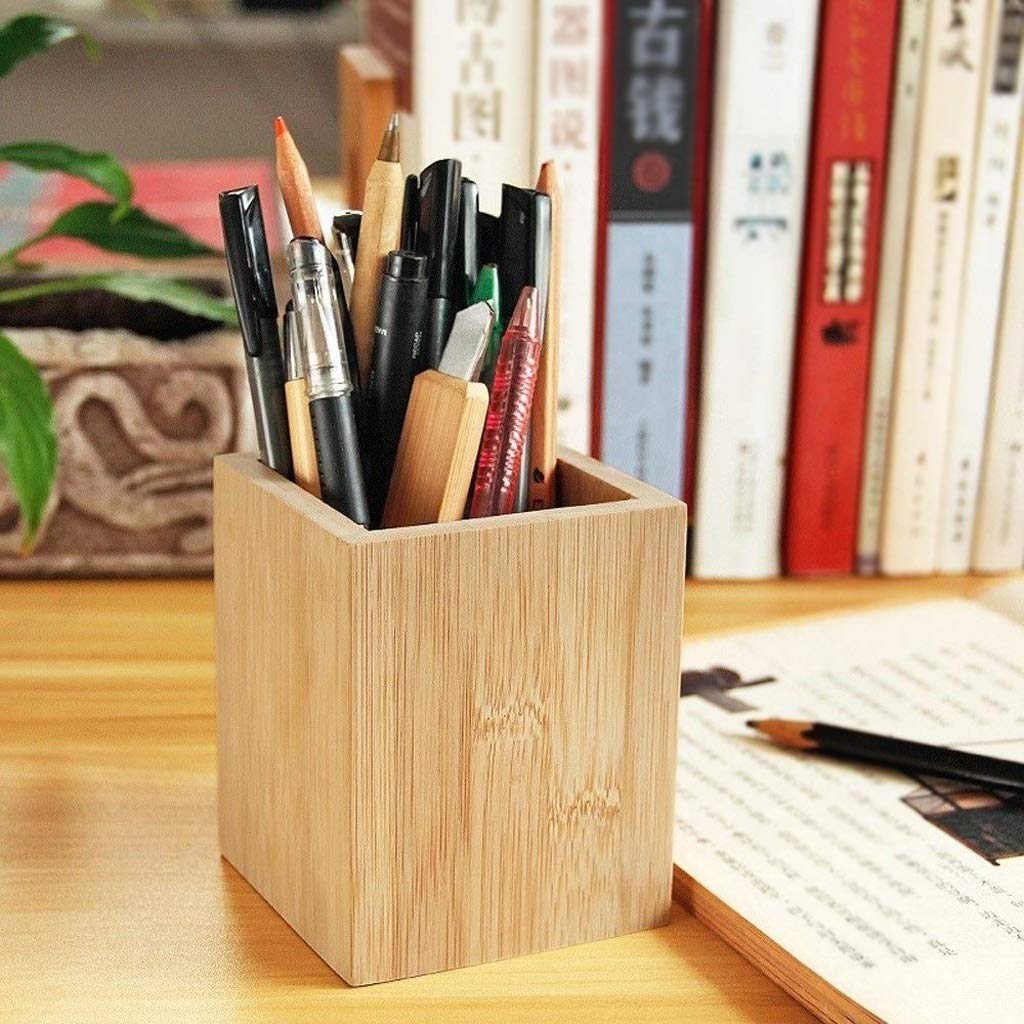 Stojak na długopisy z drewna bambusowego, wielofunkcyjny organizer na długopisy, kubeczek na ołówki, 8x8x10 cm