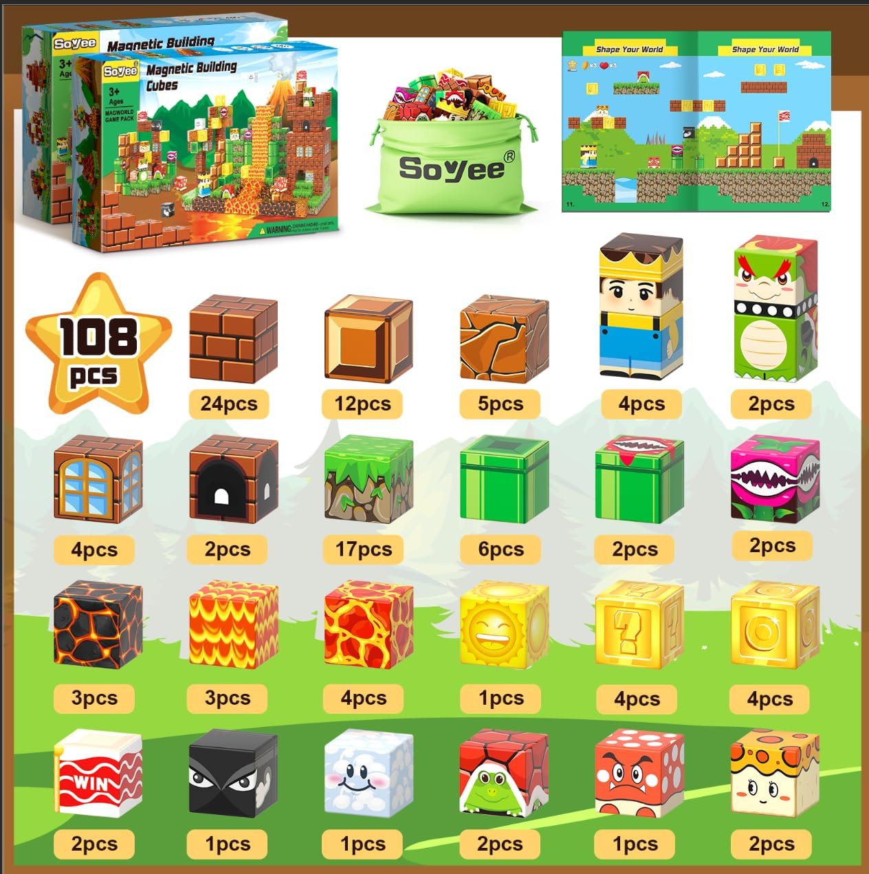 Magnetic Blocks Building Toys 108PCS -Build Mine Magnet World Kids GamesMagnet Toys for Boys & Girls Ages 5-7- STEM Toys for Age 3-10 Boys Girls Great Gifts 3+ Years Old