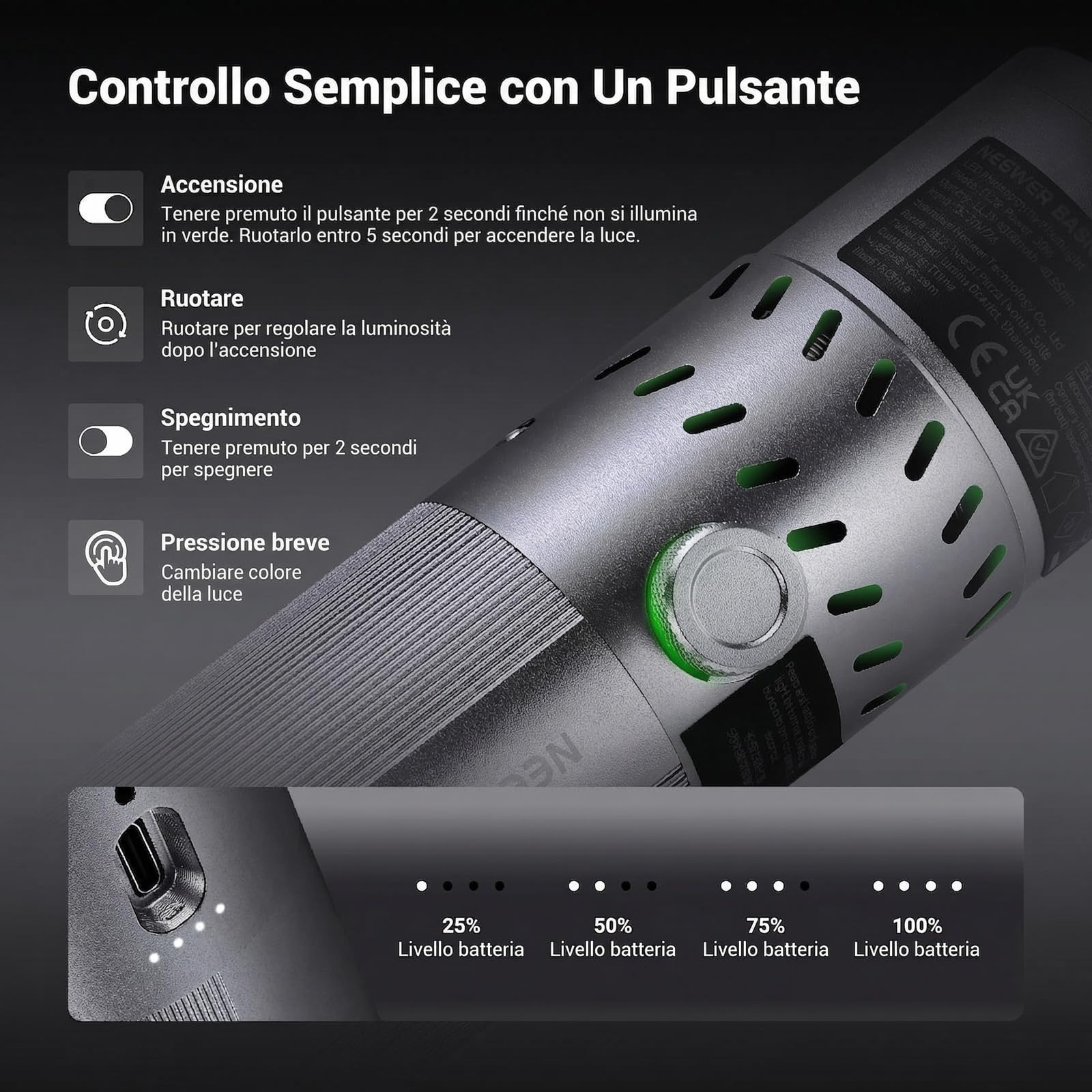 NEEWER BASICS Torcia Fotografica RGB da 20W con 4 Colori | 20 Filtri Gobo, Batteria Integrata da 49,95Wh, 6300K CRI95+ Faretto LED Portatile Luce Ambientale Tramonto per Video, FL20