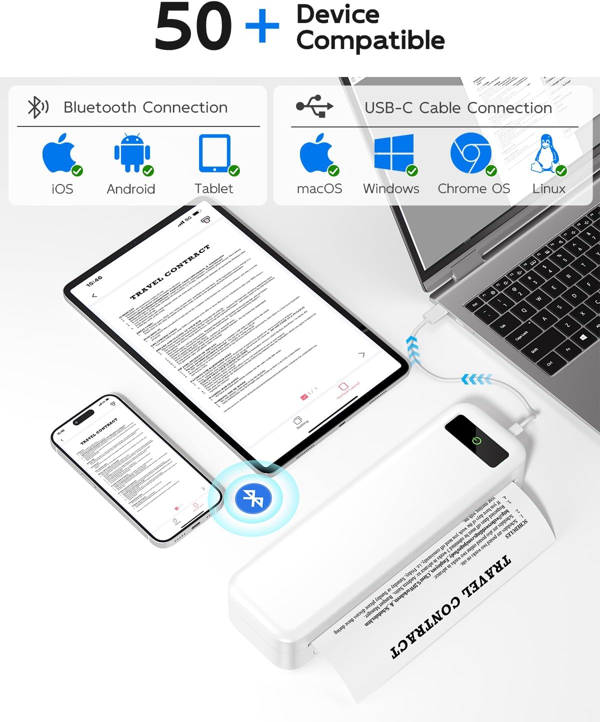 Image showing the printer connected to a laptop via USB-C and a phone via Bluetooth, indicating broad device compatibility.