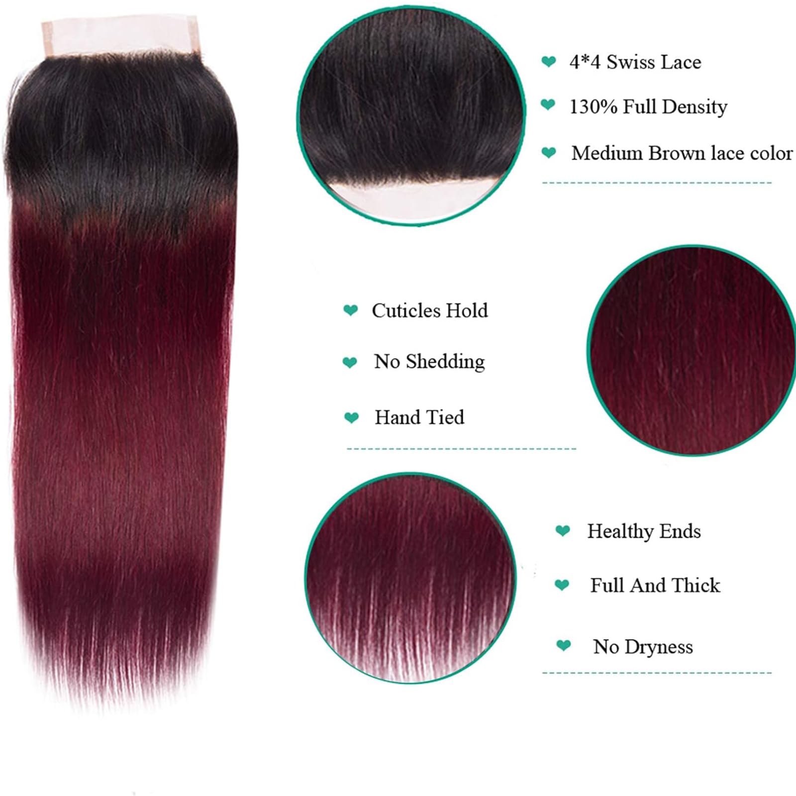 Brazilian Ombre 1B 99J Straight 4x4 Lace Closure 100% Unprocessed Human Virgin Hair Red Wine Pre-Plucked Hairline 2 Tone 1b/99j Front 1B Burgundy Closure 18 Inch - Image 3