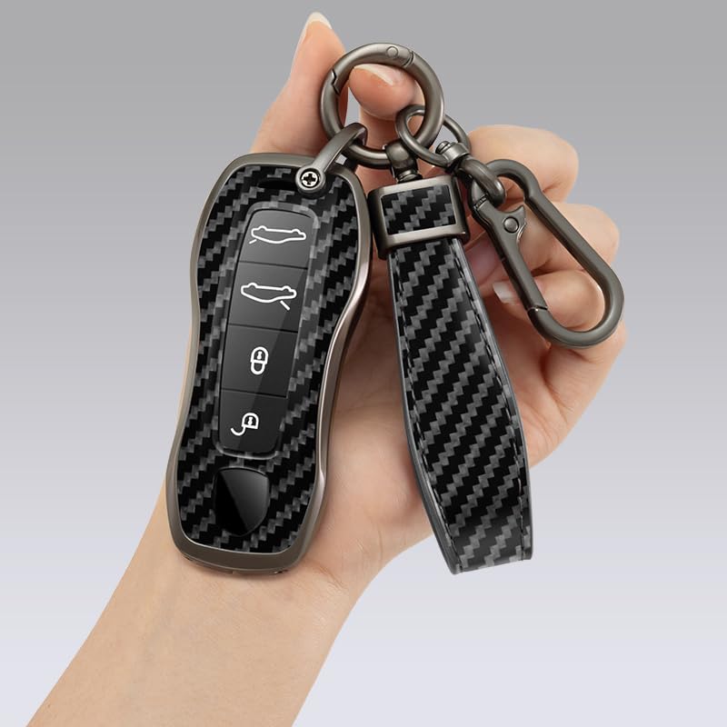 SANRILY Carbon Fiber Pattern Black 3/4 Button Smart Key Fob Cover Case Fit for Porsche Taycan 911 Cayenne 2020 Panamera Keyless with Keychain - Image 3