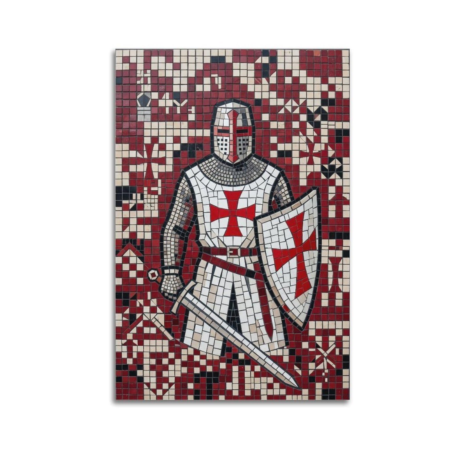 Okngb Unframe-Style Mosaic Templar Knight Poster Block Pattern Shield Medieval Decorative Painting Canvas Art Picture 20X30inch(50X75cm)