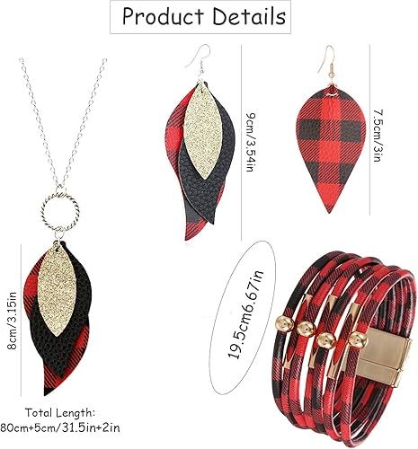 Miniatura 5 de CSIYANJRY99 Juego de 4 piezas de aretes de cuero a cuadros de búfalo, collar y pulsera, juego de joyas de Navidad a cuadros rojos y negros para mujer