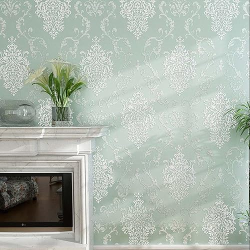 Miniatura 3 de Q QIHANG estilo europeo 3D damasco perla polvo no tejido papel pintado rollo de color azul claro 1.7ft x 32.8ft  5.3