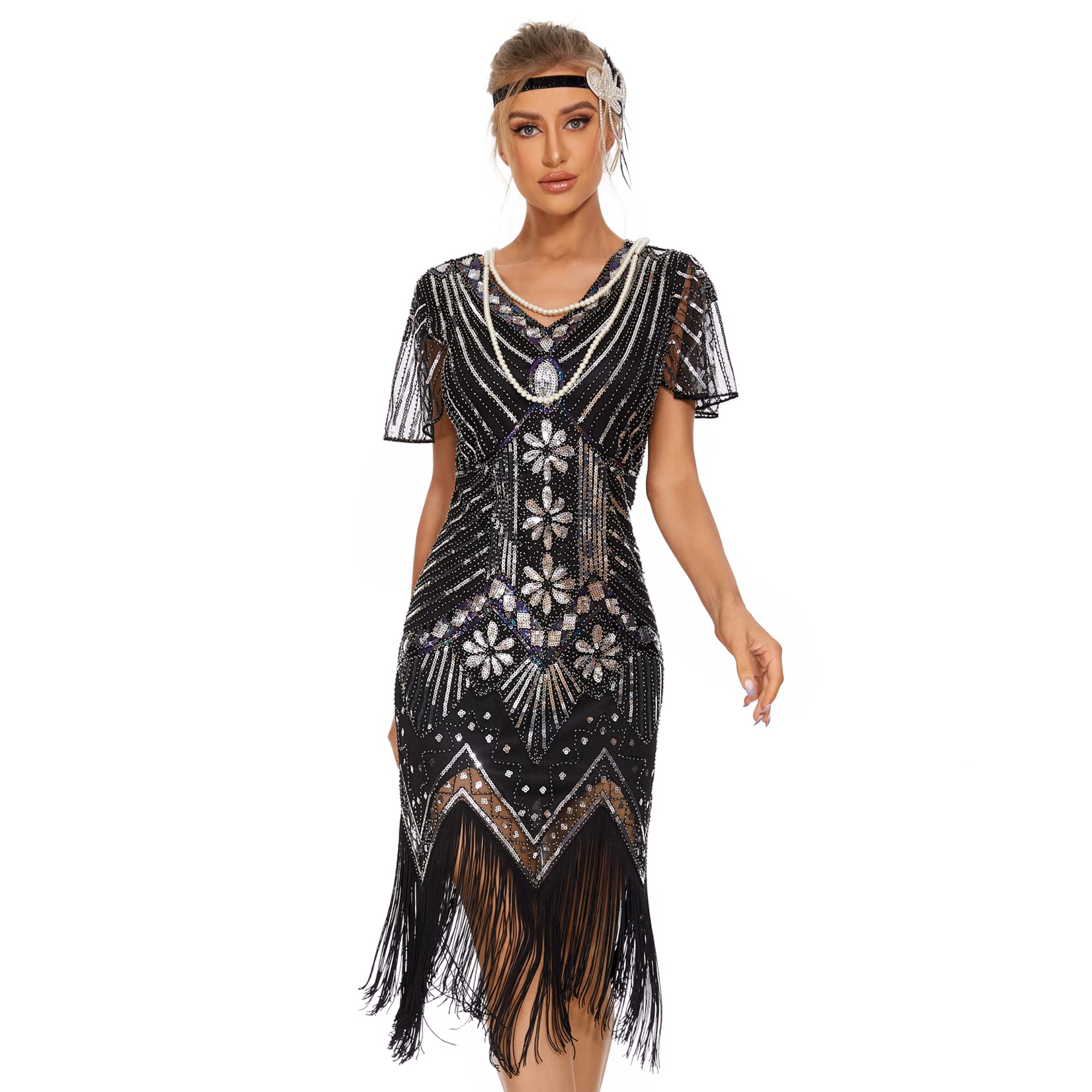 1920s Dresses for Women Flapper Dress Gatsby Dresses for Women Roaring 20's Dress, Silver and Black, XX-Large