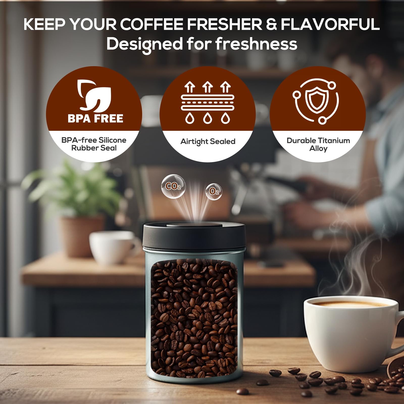 VINATO 800Ml Barattolo Caffe Ermetico, 304 Contenitore Caffè,per Farina, Fagioli, Tè, Noci,Cereali e Zucchero