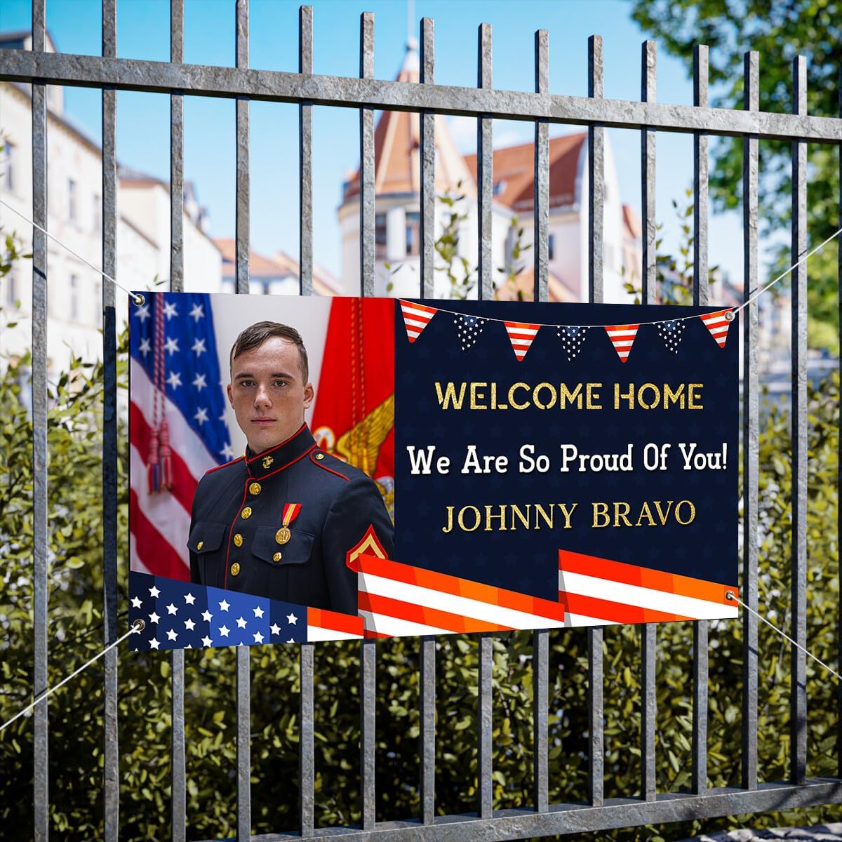 Personalized Welcome Home Soldier, With picture, Custom Vinyl Graphics, Military Party Decorations, 4 Corner Hangings.#4