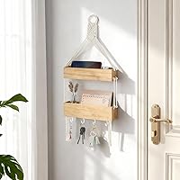 Vista 4 de Mkono Macrame Hanging Shelf for Bedside Shelf Organizer with Hooks, Boho Wall Decor Cute Wood Floating Shelves for Girls Bedroom Dorm Nursery, Wall