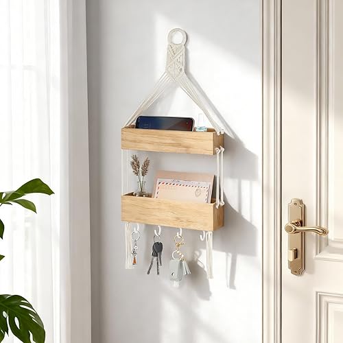 Miniatura 4 de Mkono Estante colgante de macramé para mesita de noche, organizador con ganchos, decoración de pared bohemia, bonitos estantes flotantes de madera