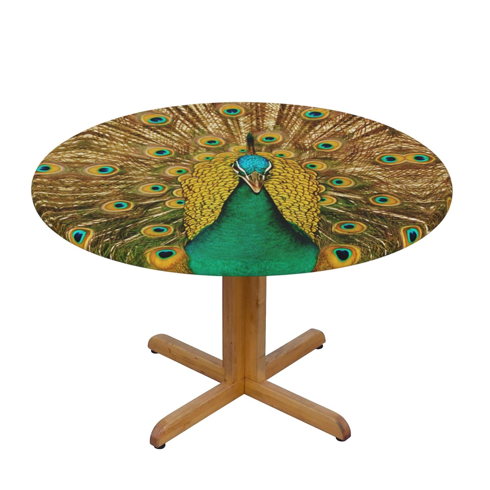 ESNAIUVCD Peacock print Waterproof Round Tablecloth,Outdoor Table Cloth with Elastic Edged, Elastic Tablecloth Wipeable, Garden Table Cloth Suitable for sizes 90cm-140cm