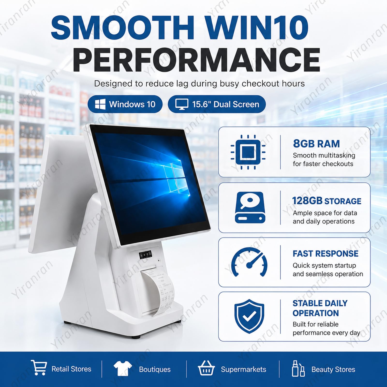 Caja registradora TPV todo en uno para pequeñas empresas, terminal TPV Windows con pantalla táctil dual de 15,6" e impresora de recibos integrada, 8 GB de RAM y 128 GB de almacenamiento, sistema de