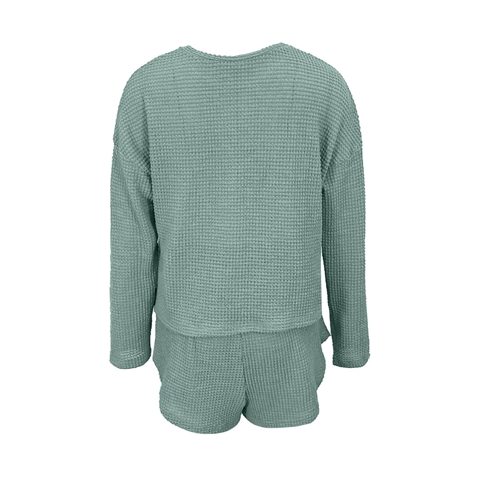 Generisch Conjunto de pijama de punto para mujer, manga larga, top y pantalones cortos, conjunto de ropa de salón con bolsillos, ropa de noche