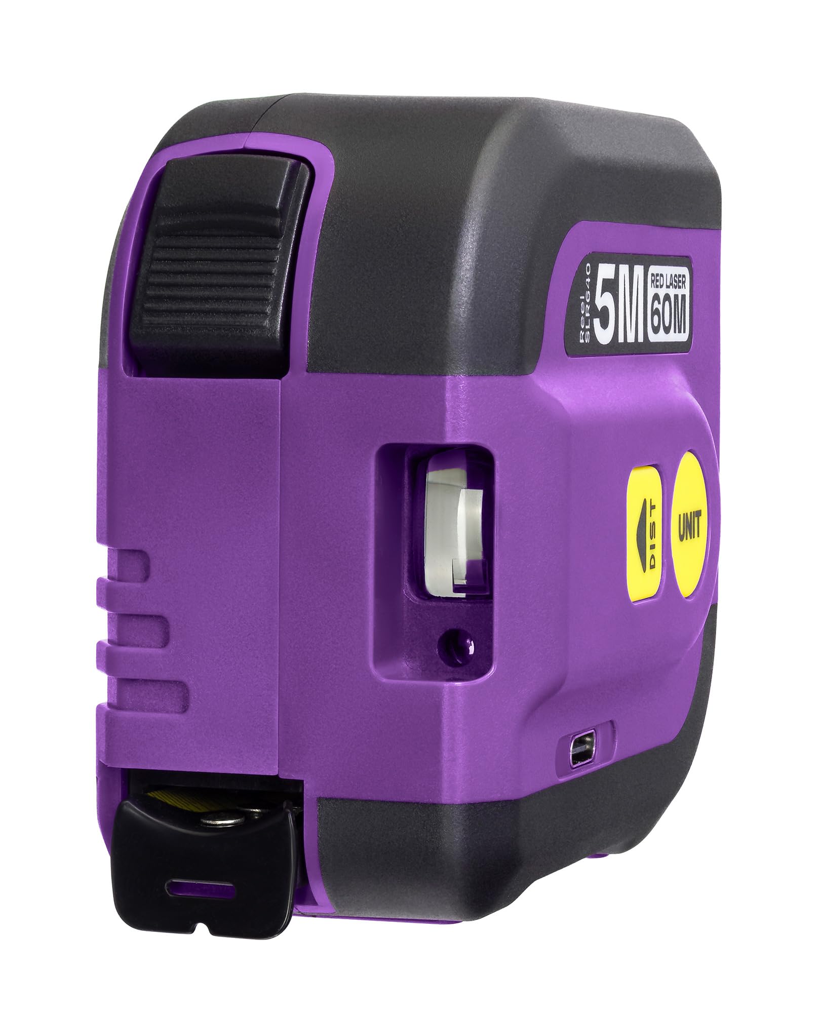 Reel SLR640 2 en 1 Medidor Láser 60M y Cinta Métrica 5M Medición de Longitud Área Volumen Pantalla LCD Retroiluminada Función Memoria Unidades en Pulgadas, Pies, Metros Violeta