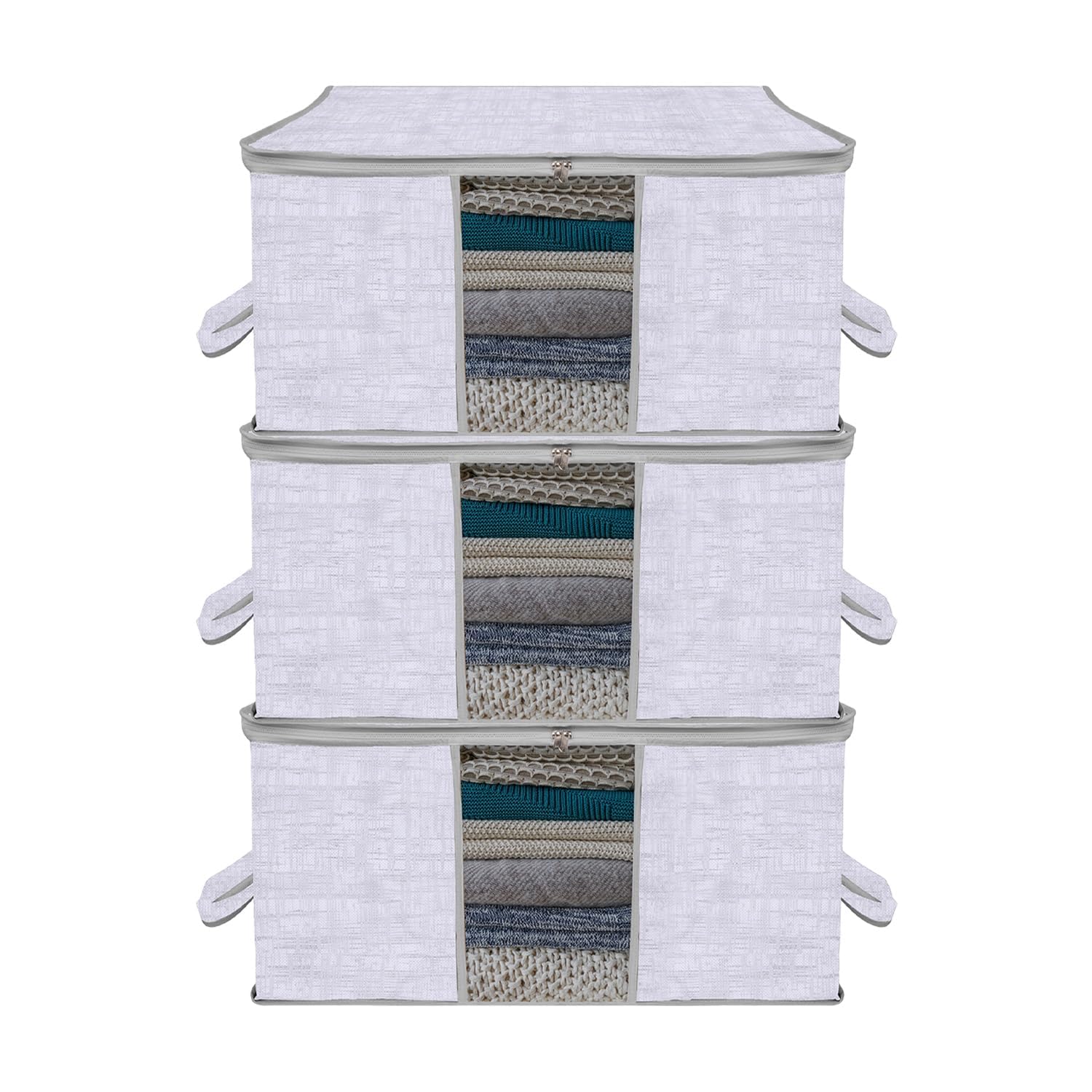 Amazon Brand - Solimo Underbed Storage Bag | Clothes Storage Organizer | Clear Window Blanket Cover | Cloth Organizer With Handle | Jute-Print Design | Large (Grey, Pack Of 3), 65 X 47 X 31 Cm-image-4