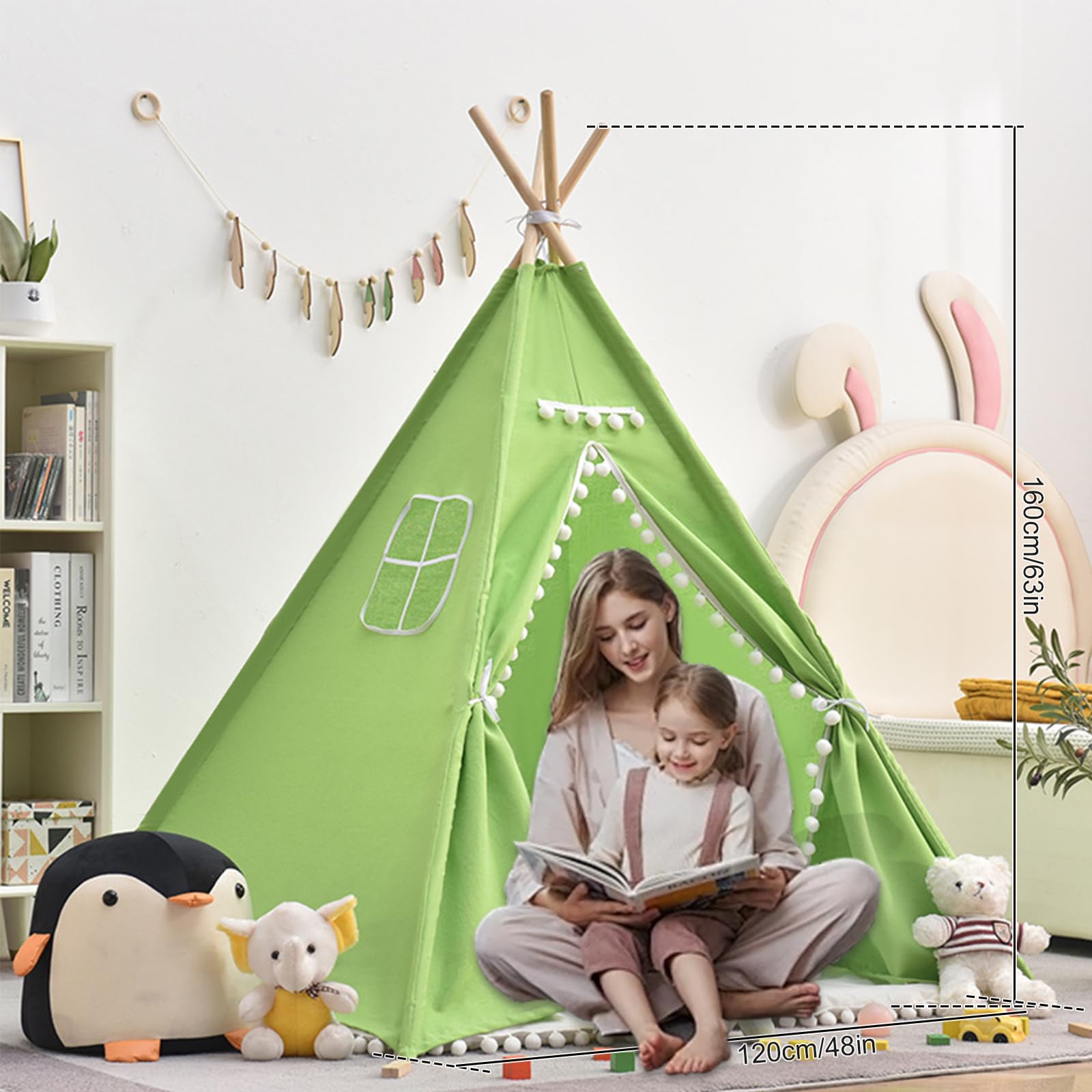 Tente Tipi Enfant 120x120x160 Cm - Hiboux - Toile Respirante + Boule Feutre + Lumière Étoilée - Coin Lecture & Jeux