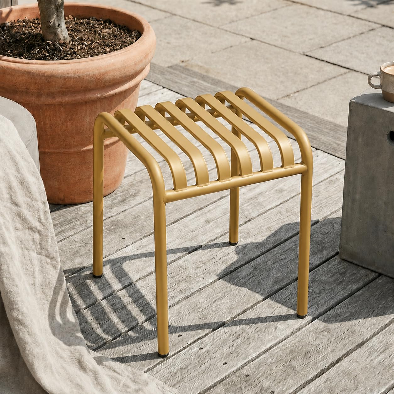 84204 Metal Stool, Modern Slatted Steel Seat, Compact Indoor & Outdoor Accent Stool with Non-Slip Feet for Patio, Balcony & Living Space - Golden-image-32