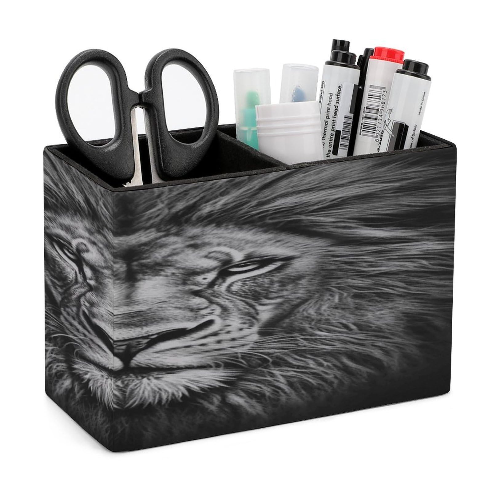 VstaDank Black And White Lion Head Pencil Holder for Desk Organizer 2 Compartments Pen Cup Leather Square Pen Holder Pencil Cup Stand Makeup Brush Holders for Desktop Organizer Storage Case