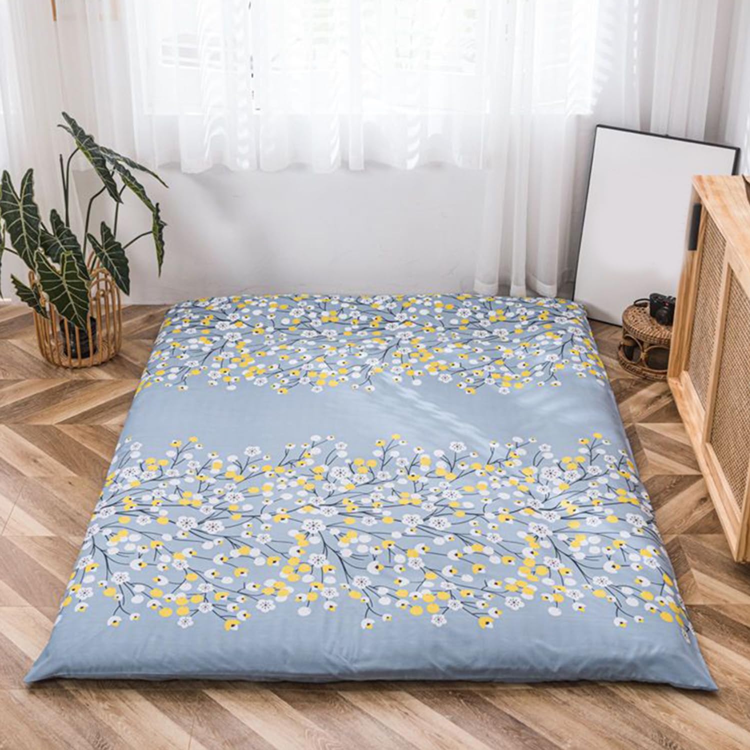 Futon Floor Mattress Cover with Zipper, 100% Cotton Cover for Traditional Shikibuton, Soft, Machine Washable, Flower, King/180x200cm