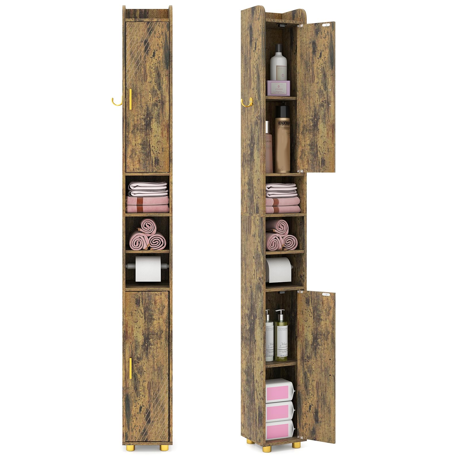 LIFEZEAL Meuble Colonne de Salle de Bain avec étagère réglable sur 3 Niveaux, Armoire de Rangement Gain de Place, 2 Portes, Porte-Rouleau pour Papier Toilette (Marron)