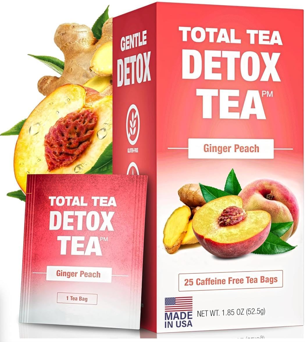 Total Tea Slimming Detox Tea Caffeine Free, Herbal Blend with Chamomile, Hibiscus and Ginger Root for Colon Cleanse Weight Management Drinks – Natural Ginger & Peach Tea (25 Bags)
