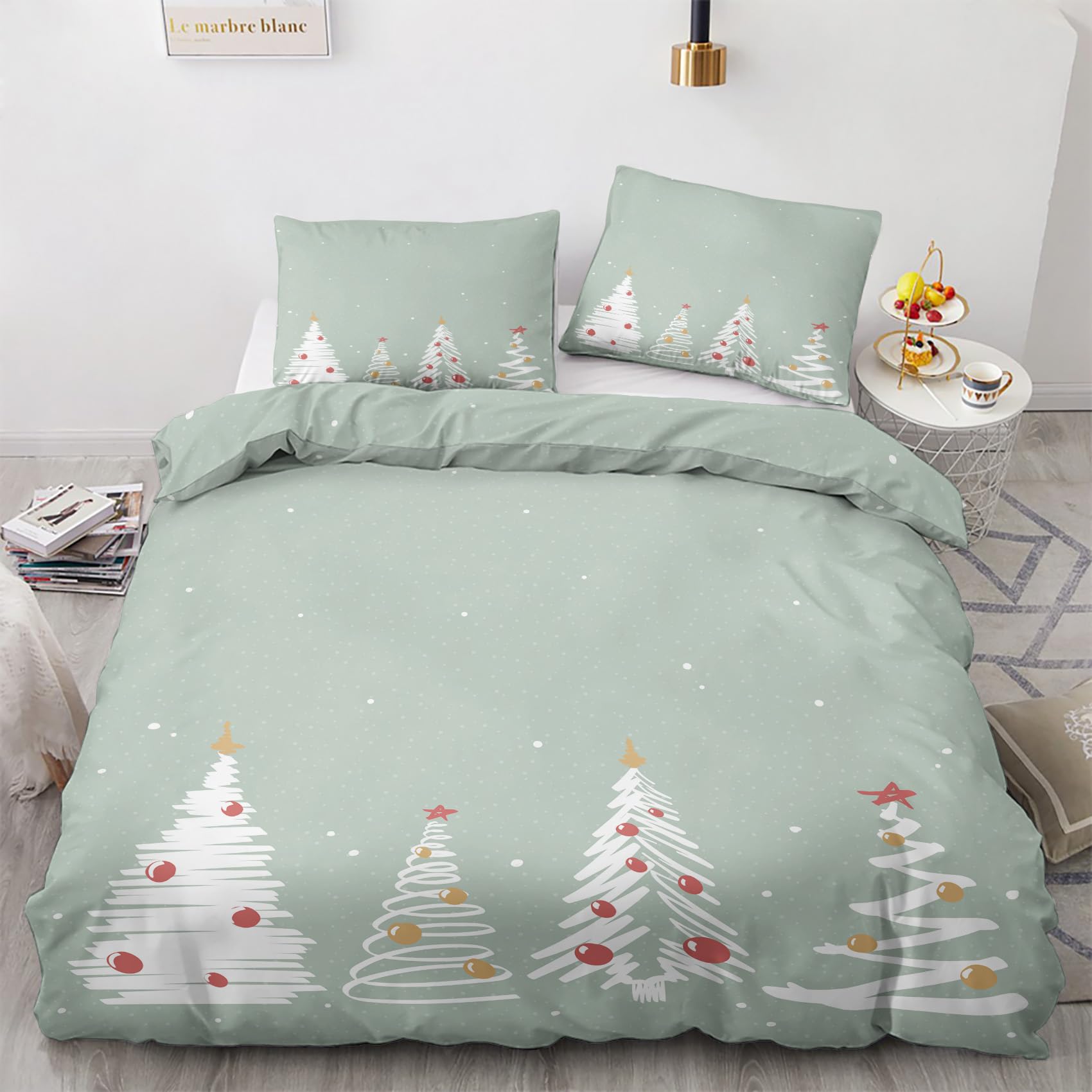 NOGAWA Christmas Tree King Size Duvet Cover Sets - Xmas Sage Green Bedding Set - Reversible Quilt Cover & 2 Pillowcases with Zip and Ties, Soft and Non Iron Brushed Microfibre Bed Set 230x220