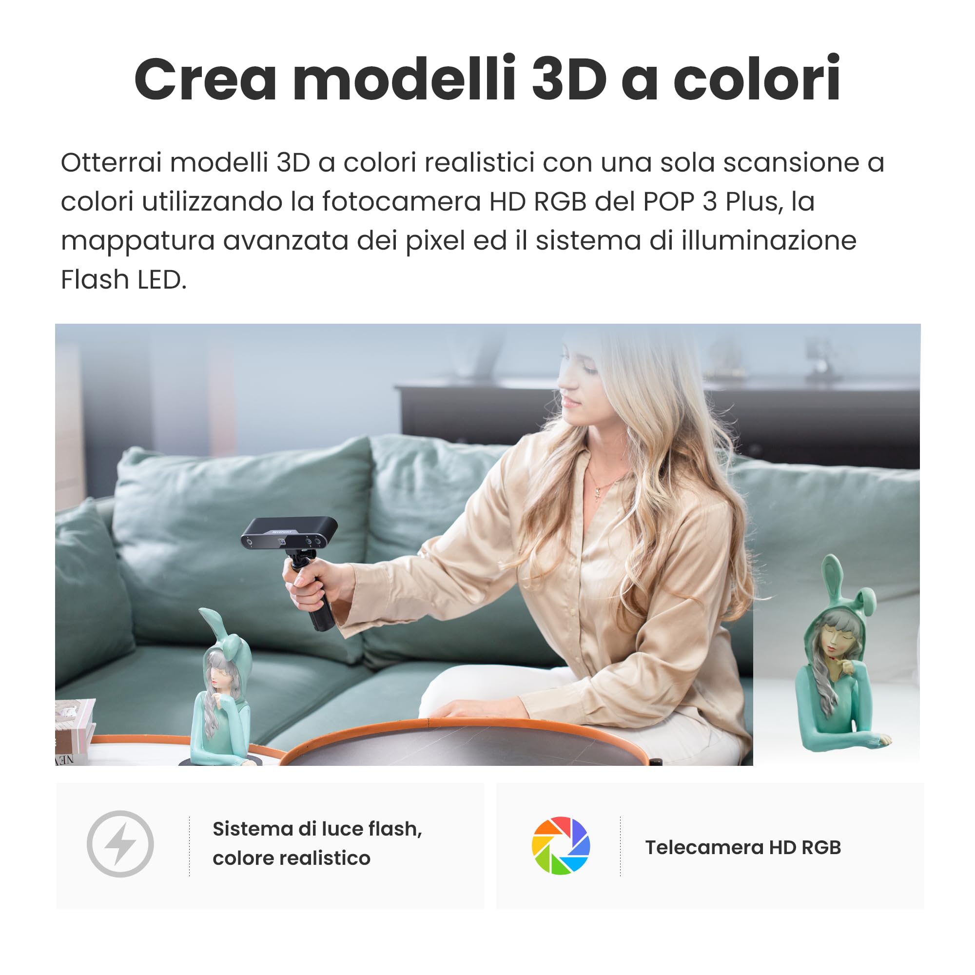 Revopoint POP 3 Plus Scanner 3D portatile per stampa 3D, Precisione da 0,04 mm, Scansione a colori per oggetti di media dimensione, Compatibile con Android/iOS/Win10 e 11/macOS, Standard