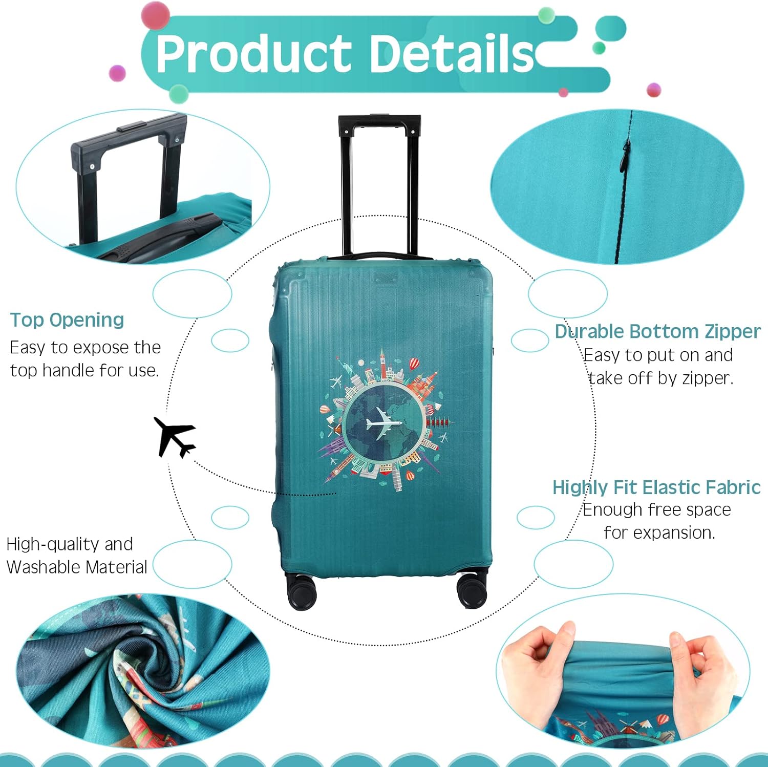 Sherr 3 Pieces Travel Luggage Cover Suitcase Protector Anti Scratch Suitcase Washable Baggage Covers(Travel Theme,Medium/L/XL)