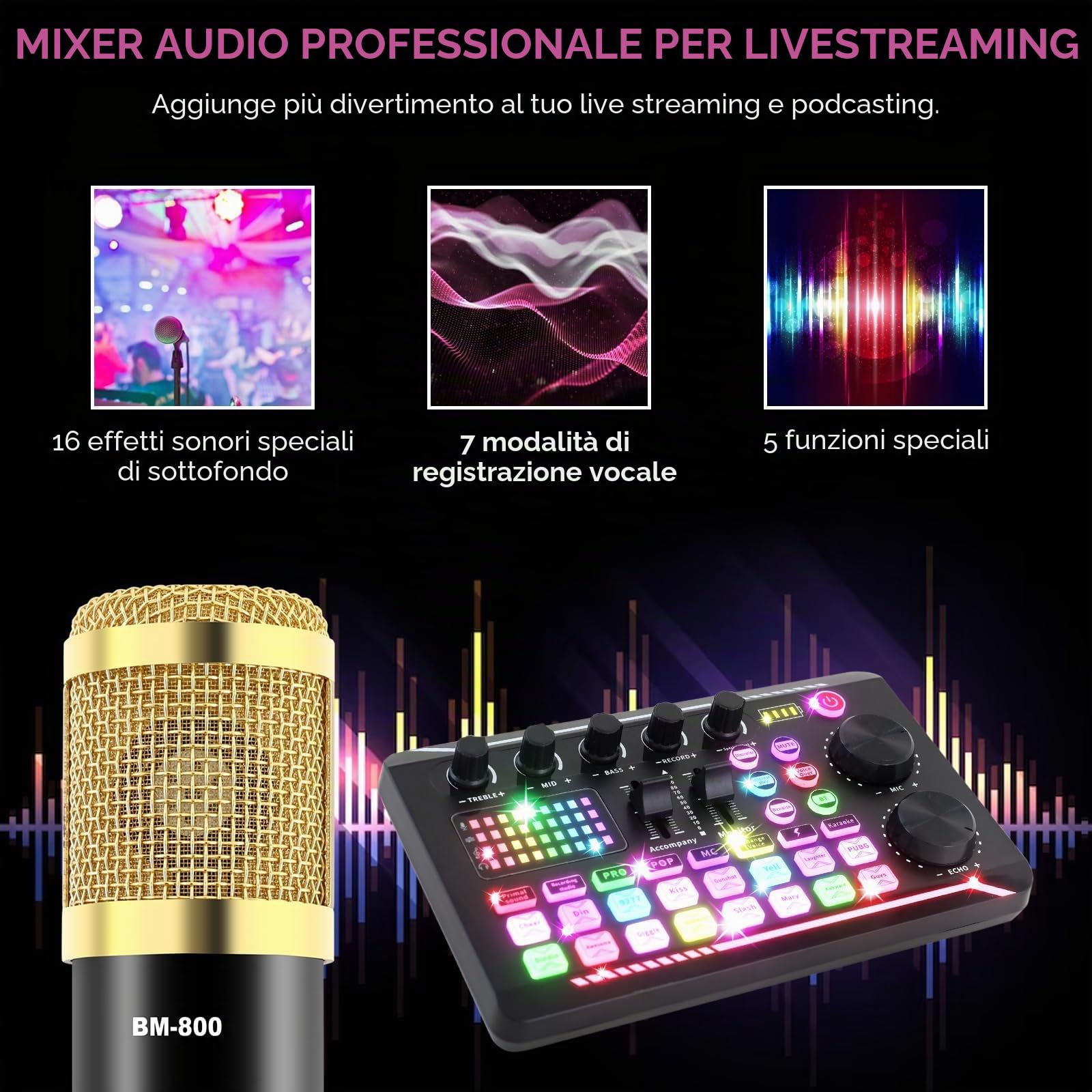 ALSO GO Set di attrezzature per podcast, microfono a condensatore BM800 e kit di schede audio dal vivo con supporto per treppiede, effetti mixer DJ e cambio vocale, perfetto per studi di registrazione