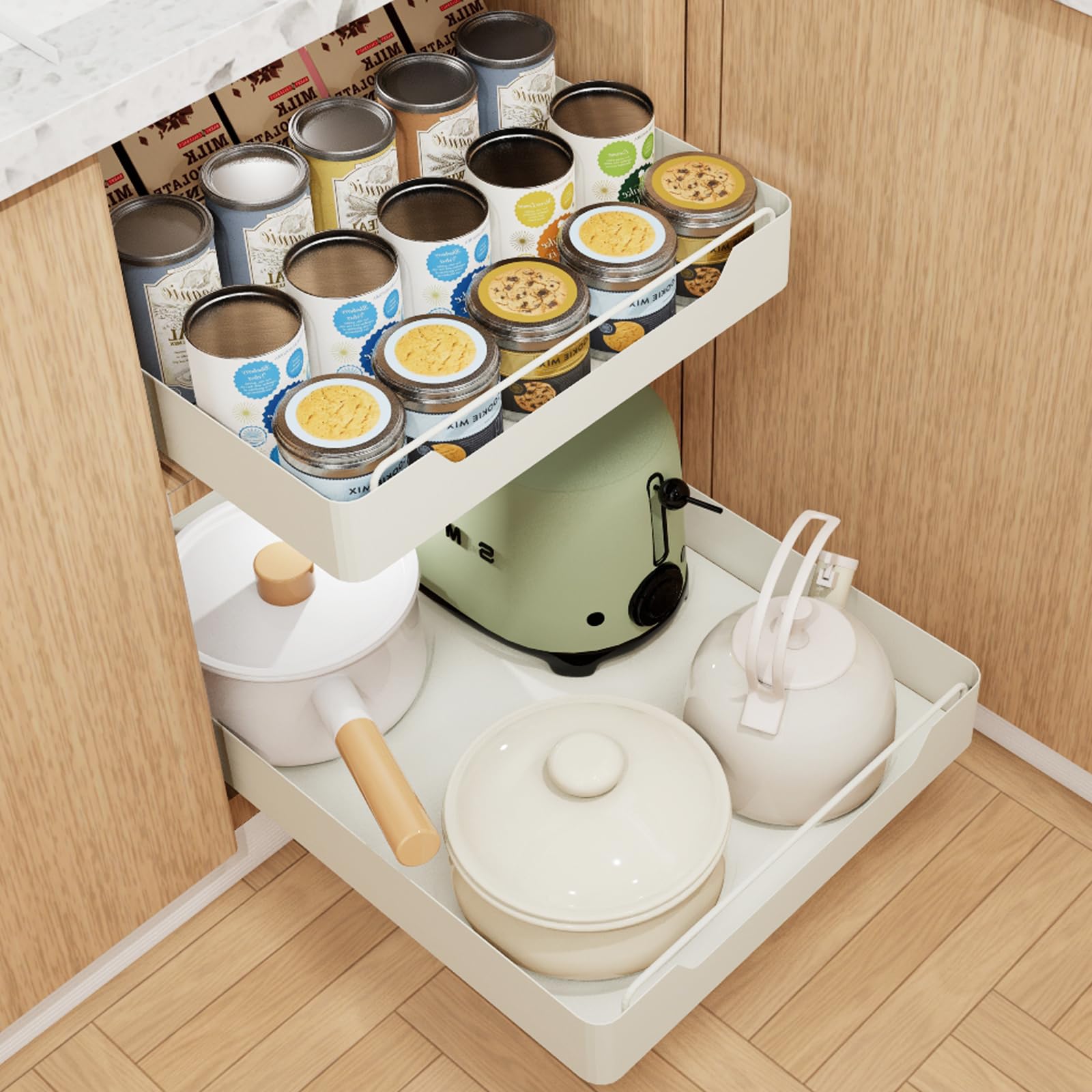 WIMEORS 2pack Pull Out Cabinet Organizer Fixed With Adhesive Nano Film, Heavy Duty Slide Out Pantry Shelves, Sliding Drawer Pantry Shelf for Kitchen, Living Room, Home,12.2