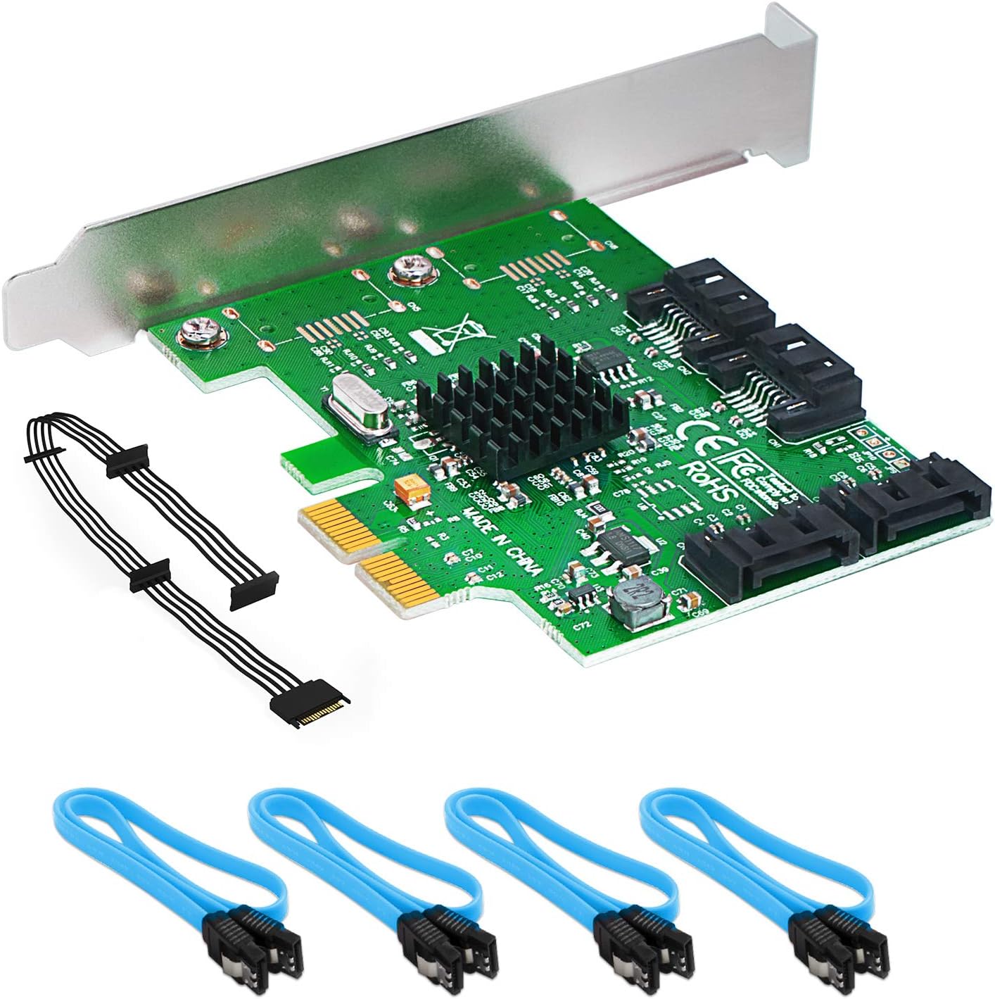 QNINE SATA RAID Card 4 Port, PCIe SATA Controller Card with a SATA Splitter Cable and 4 SATA Cables, Support RAID 0, RAID 1, RAID 10 and HyperDuo Model, Plug and Play