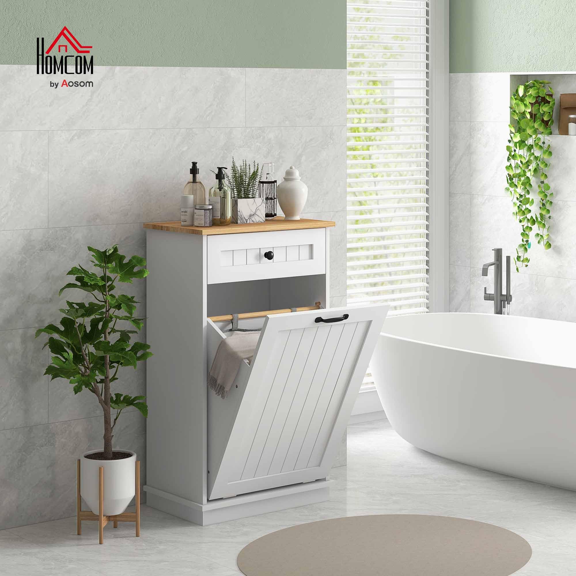 HOMCOM Mueble Auxiliar de Baño Cesto para Ropa Sucia Armario de Baño con Cajón y Diseño Anti-vuelco Mueble de Baño Moderno 52x33x90 cm Blanco