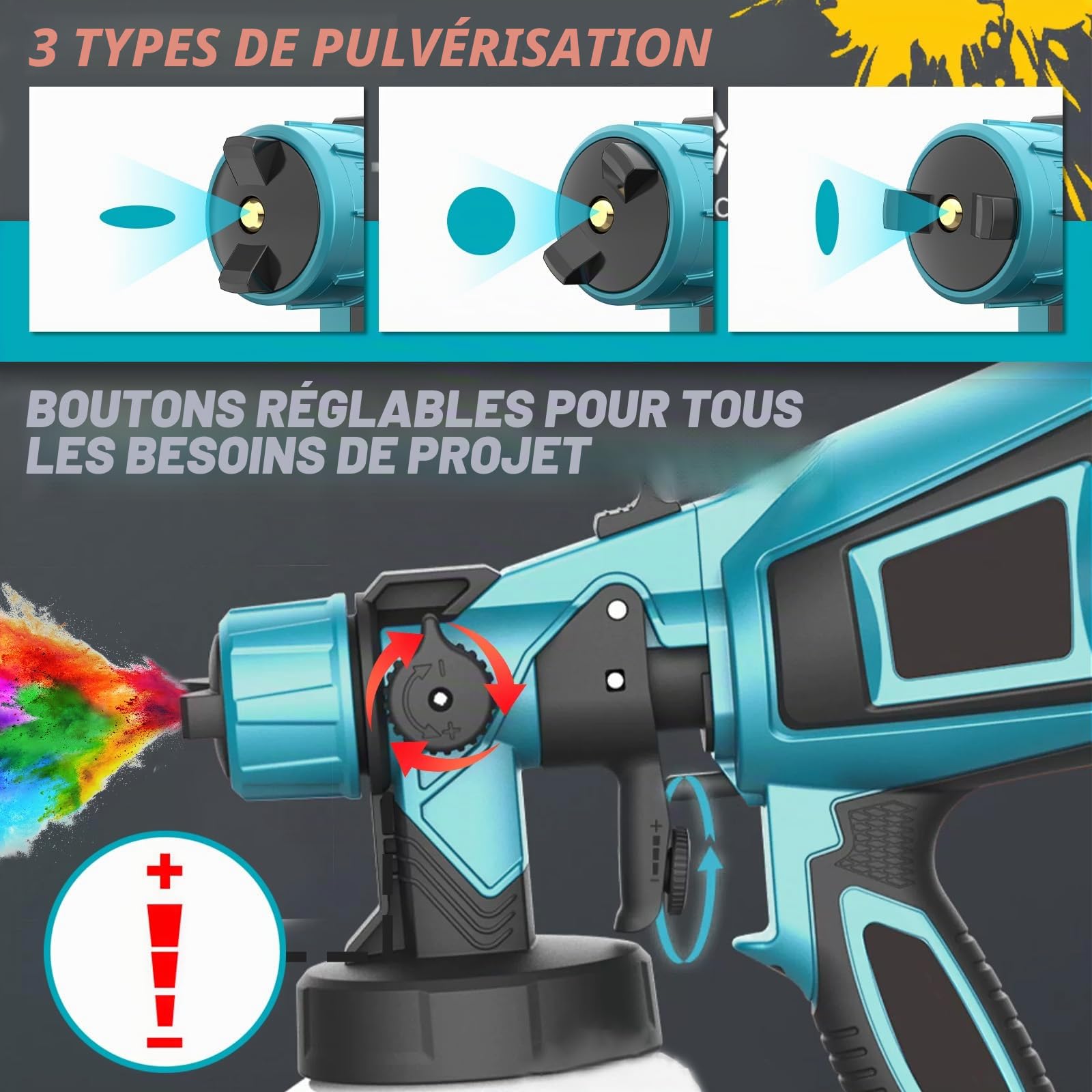 Pistolet à Peinture sans Fil avec 2 Batteries de 3000 mAh et Chargeur, récipient de 1000 ML, 3 Buses (1,0/1,8/2,5 mm), buse et Aiguille en cuivre, récipient en PVC Durable – pour Murs, Portes, Bois