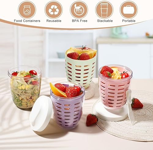Miniatura 2 de Luiruey Taza de almacenamiento de ensalada de frutas con tapas y tenedor, recipientes herméticos de plástico de 20 onzas sin BPA, a prueba de fugas,