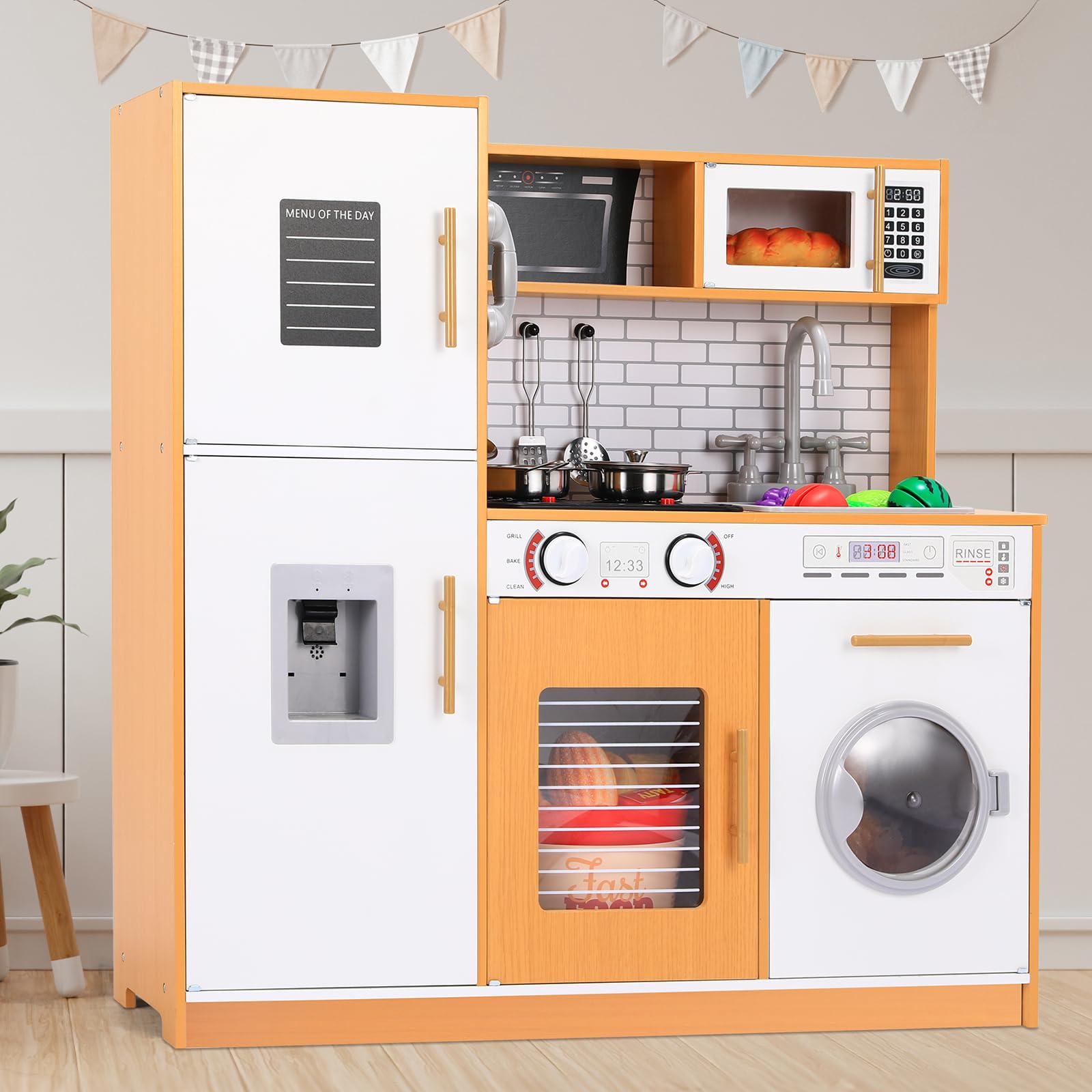 COSTWAY Kinderkeuken incl. speelaccessoires, houten speelkeuken voor kinderen met wasmachine en magnetron, voor kinderen vanaf 3 jaar, wit, 78 x 29 x 93 cm
