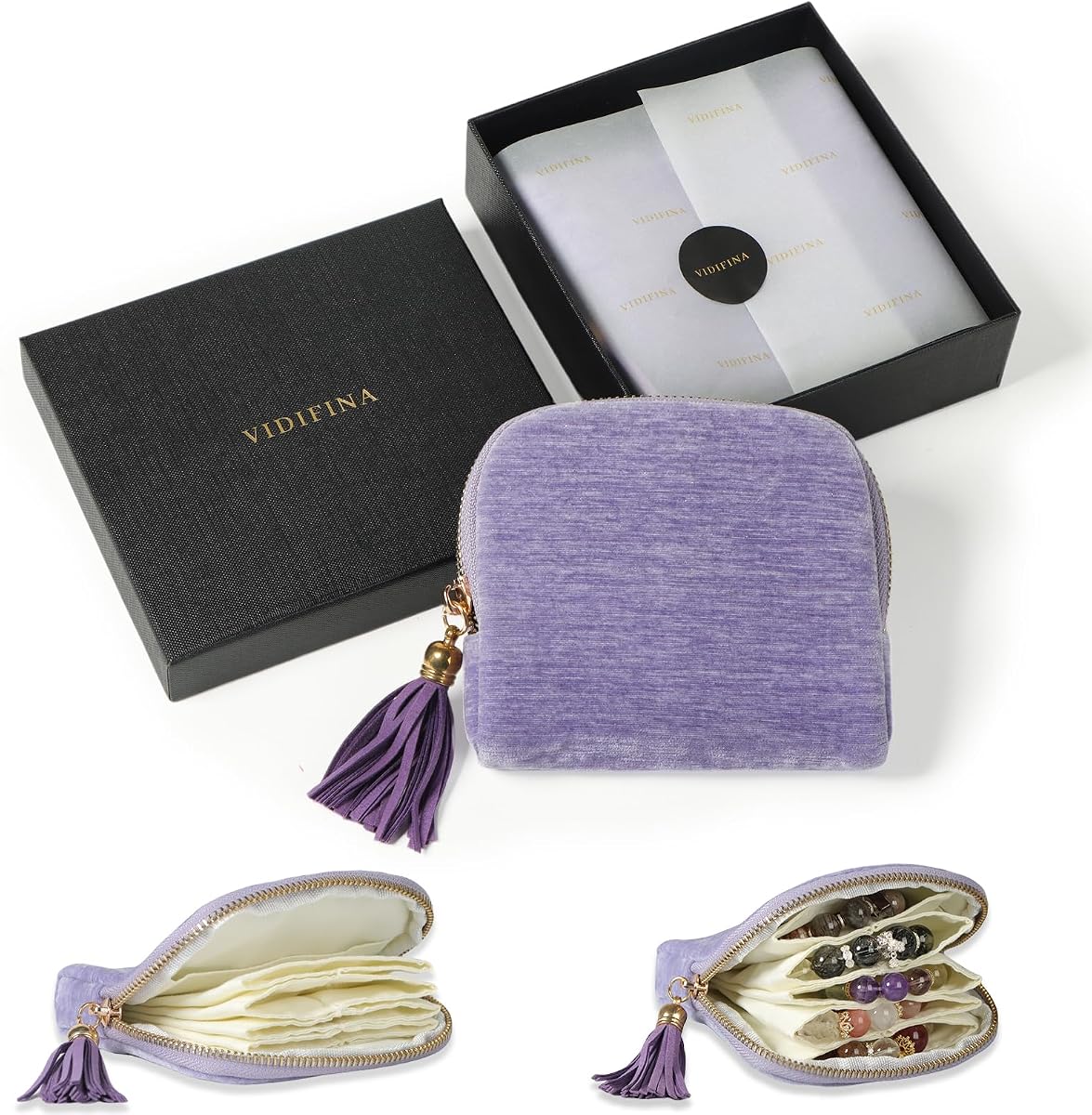 Travel Jewelry Case, 5-Layer Chenille Velvet Pouch, Light Purple | 5 Separate Layers for Bracelets, Necklaces and Earrings,Soft Chenille Velvet, YKK Zipper and Black Gold-Stamped Gift Box