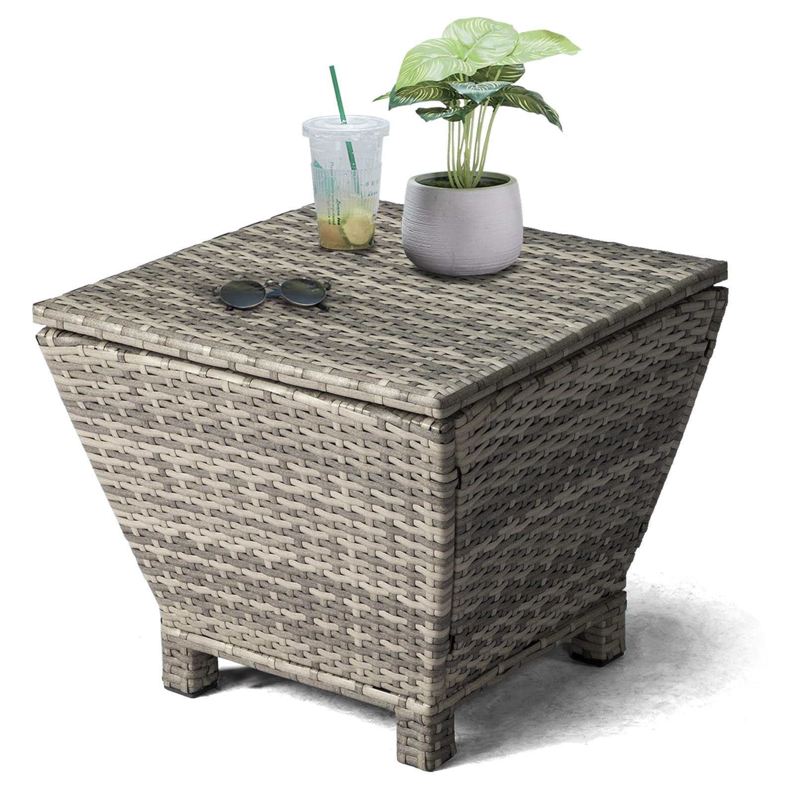 VINGLI Outdoor Side Table with Storage, 13-Gallon Patio Deck Box Outdoor Wicker Side Table for Poolside Balcony Storage Table (Grey, Trapezoid)