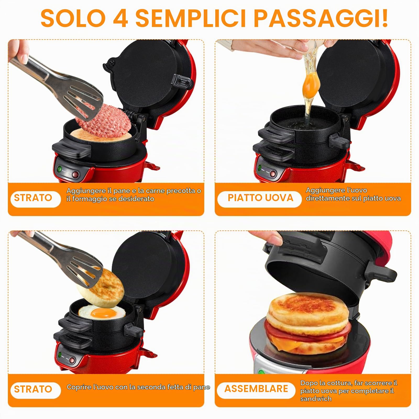 Tostapane Sandwich/Hamburger Maker, Tostapane con anello | omelette, 600 W Burger Maker con rivestimento antiaderente, Macchina Per Panini Per la Colazione Per Hamburger, Snack (Red)