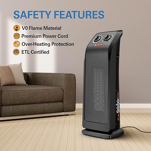Miniatura 3 de ECOWELL Calentador eléctrico de cerámica de calentamiento rápido de 1500 W con termostato, calentador de torre de 18 pulgadas para uso en