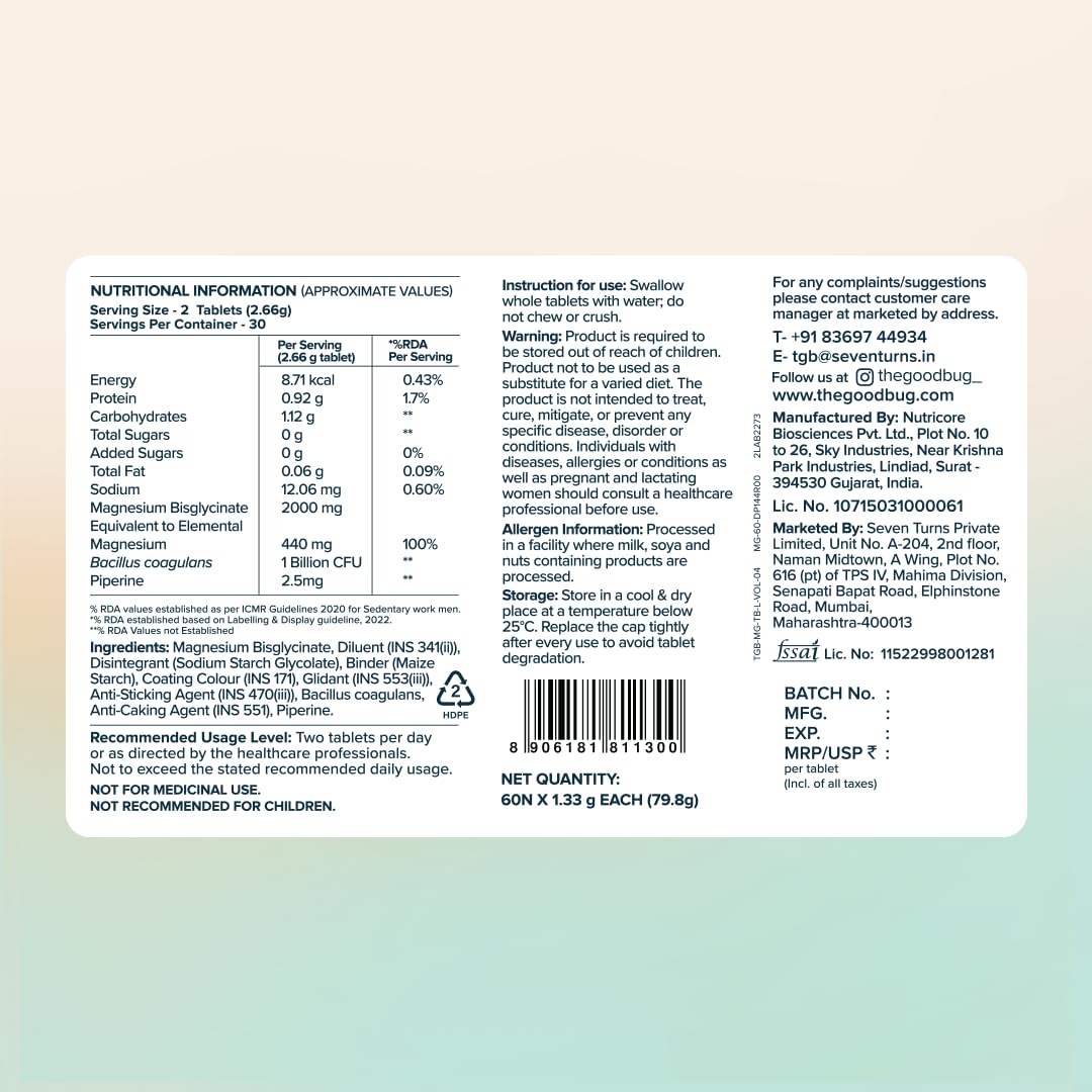 The Good Bug Magnesium Bisglycinate Tablets with Probiotics | 440mg Elemental Magnesium | Highly Bioavailable Form | Supports Muscle Recovery, Deep Sleep & Gut Health | 60 Tablets — Amazon image 7