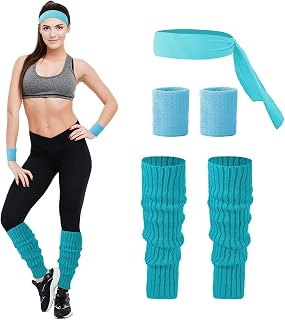 Junely 80s Accessories for Women Neon Leg Warmers Headband Wristbands Set | Knit Leg Warmer Legwarmers Ballet Dance Figure Skating Ice Skating Boot