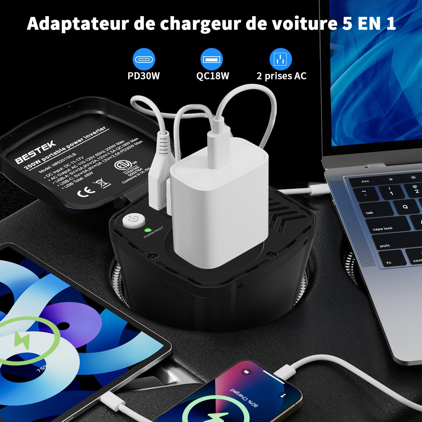 BESTEK Onduleur de voiture 200 W : convertisseur de tension 12 V DC vers 230 V AC Power Inverter avec 2 ports USB & adaptateur allume-cigare compact pour voiture/voyage