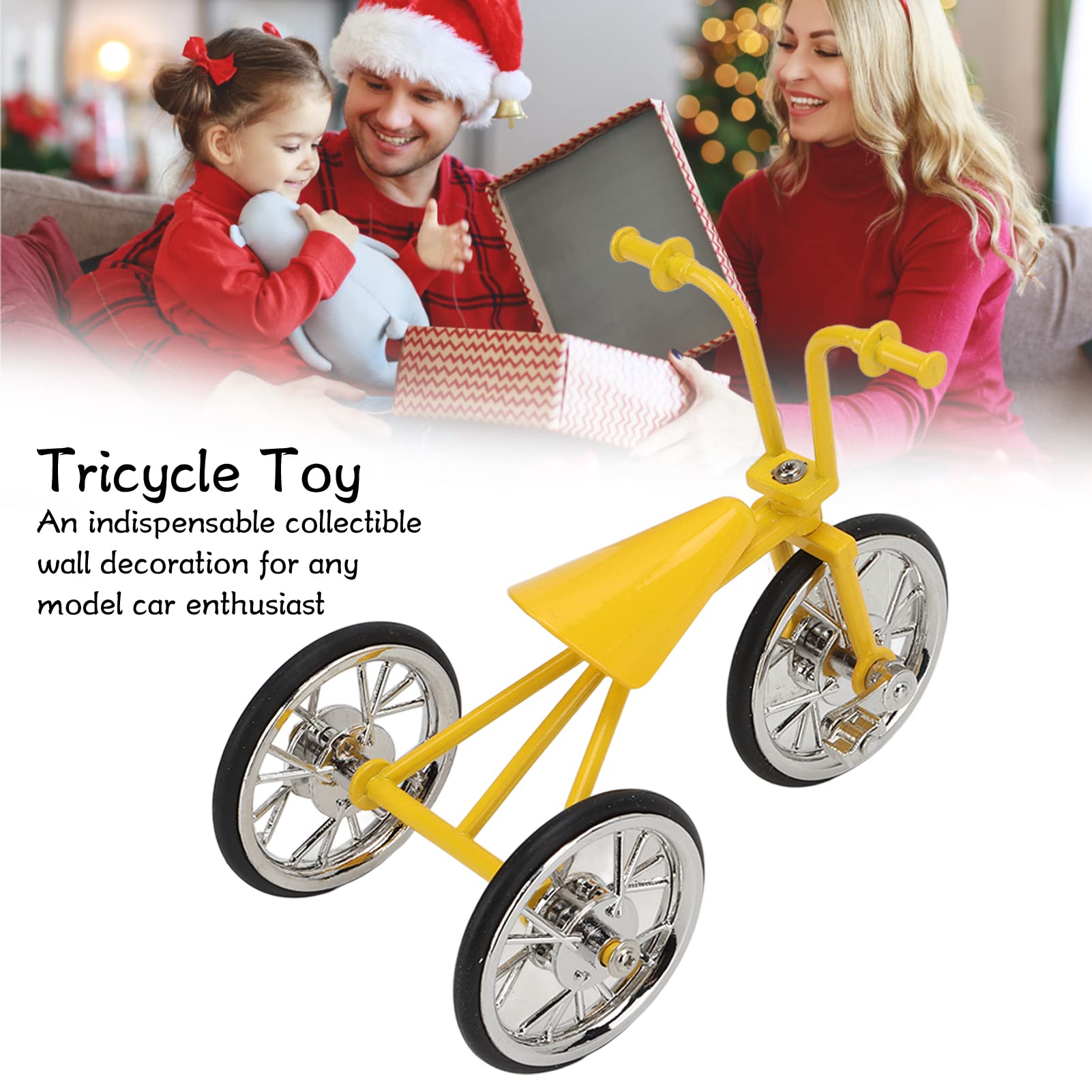 Cyrank Metal Tricycle Model, Yellow Mini Tricycle Model Ornaments 3D Three Wheeled Bike Art Sculpture Metal Bike Desktop Decorative Figurines Bike Miniature Statue