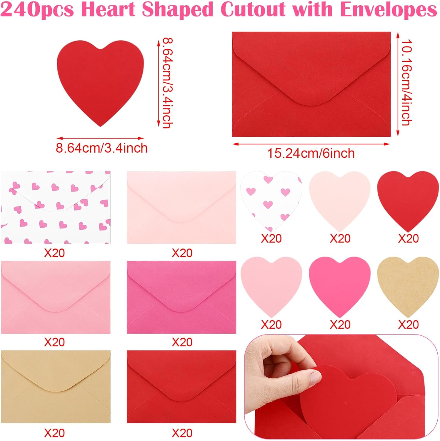 Cholemy 240 Pcs Valentines Day Heart Cards with Envelopes Blank Colorful Heart Shaped Greeting Cards Paper Cutouts for Valentines Party Gift Exchange Anniversary Weddings(Pink Series)